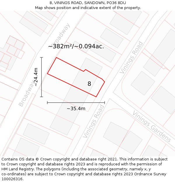 8, VININGS ROAD, SANDOWN, PO36 8DU: Plot and title map