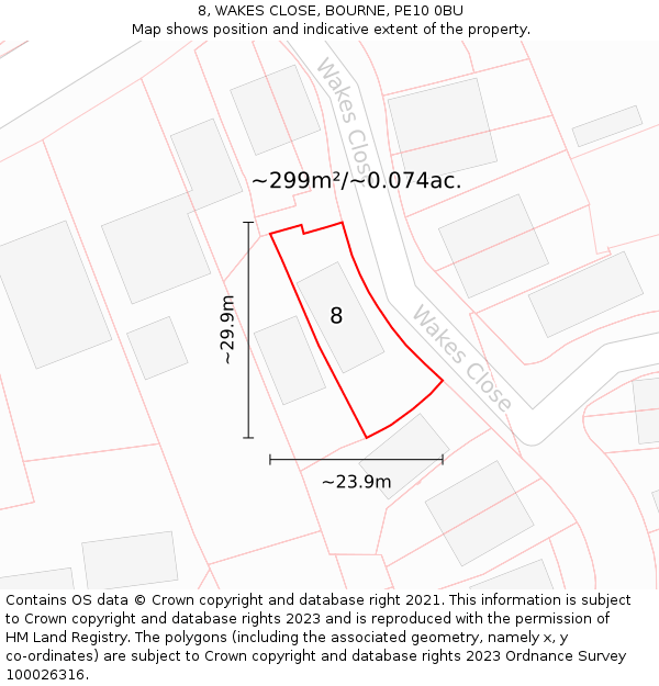 8, WAKES CLOSE, BOURNE, PE10 0BU: Plot and title map