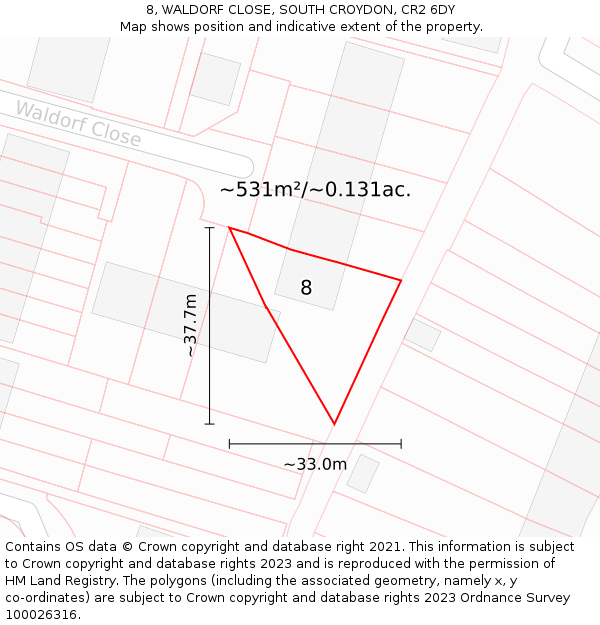 8, WALDORF CLOSE, SOUTH CROYDON, CR2 6DY: Plot and title map