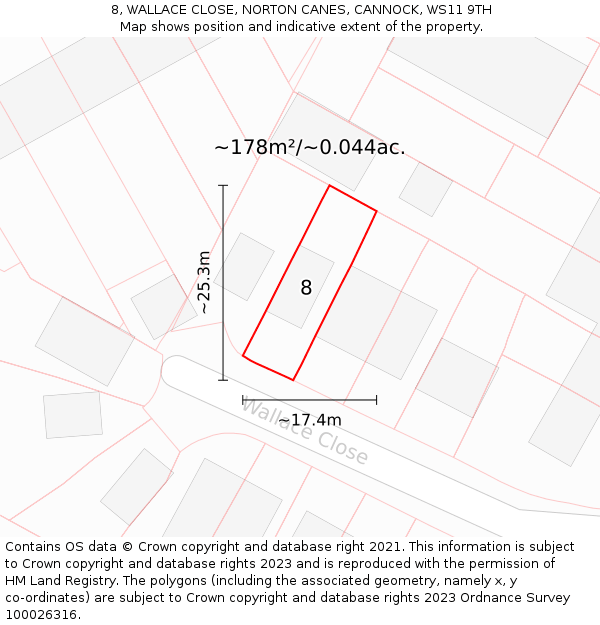 8, WALLACE CLOSE, NORTON CANES, CANNOCK, WS11 9TH: Plot and title map