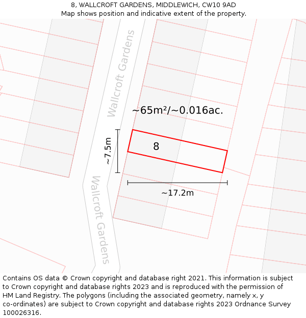 8, WALLCROFT GARDENS, MIDDLEWICH, CW10 9AD: Plot and title map