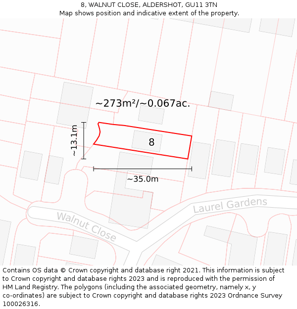 8, WALNUT CLOSE, ALDERSHOT, GU11 3TN: Plot and title map