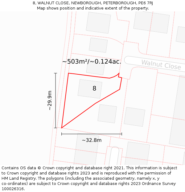 8, WALNUT CLOSE, NEWBOROUGH, PETERBOROUGH, PE6 7RJ: Plot and title map