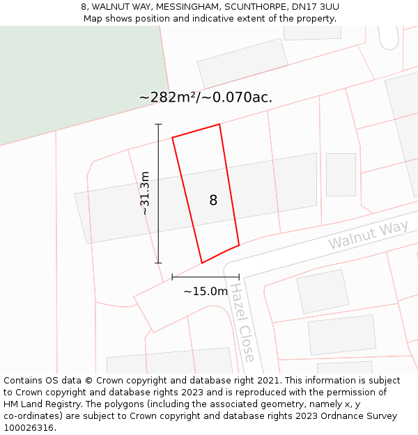 8, WALNUT WAY, MESSINGHAM, SCUNTHORPE, DN17 3UU: Plot and title map