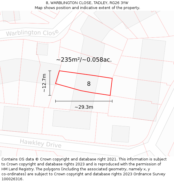 8, WARBLINGTON CLOSE, TADLEY, RG26 3YW: Plot and title map