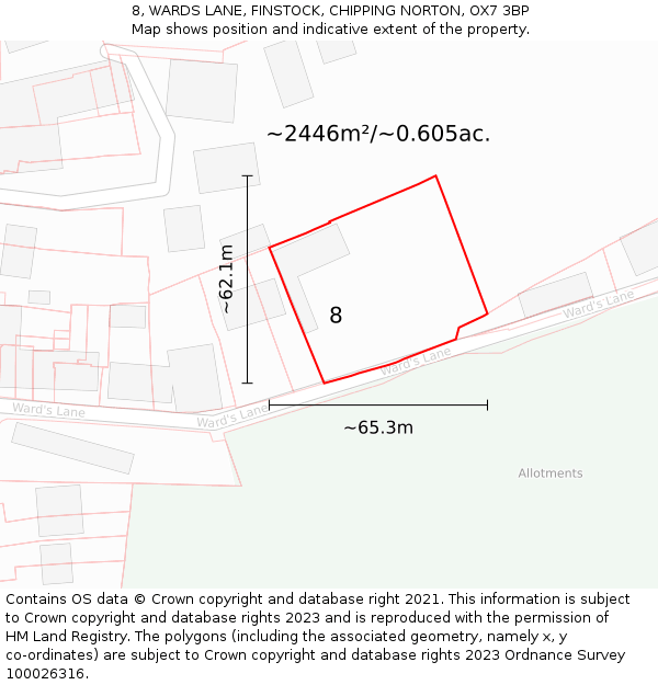 8, WARDS LANE, FINSTOCK, CHIPPING NORTON, OX7 3BP: Plot and title map