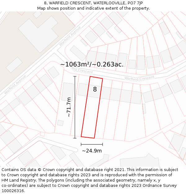 8, WARFIELD CRESCENT, WATERLOOVILLE, PO7 7JP: Plot and title map