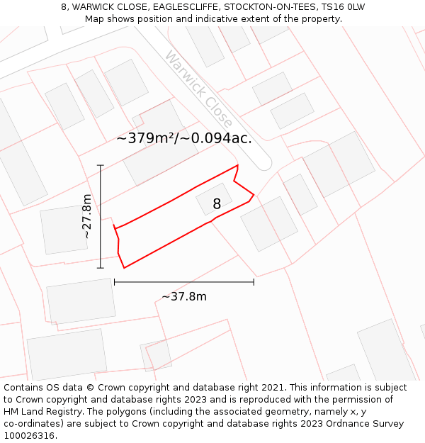 8, WARWICK CLOSE, EAGLESCLIFFE, STOCKTON-ON-TEES, TS16 0LW: Plot and title map