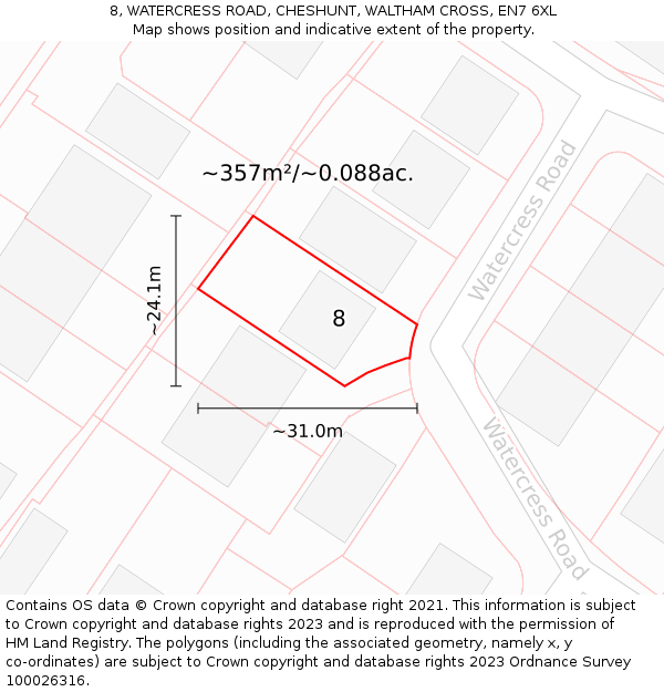 8, WATERCRESS ROAD, CHESHUNT, WALTHAM CROSS, EN7 6XL: Plot and title map