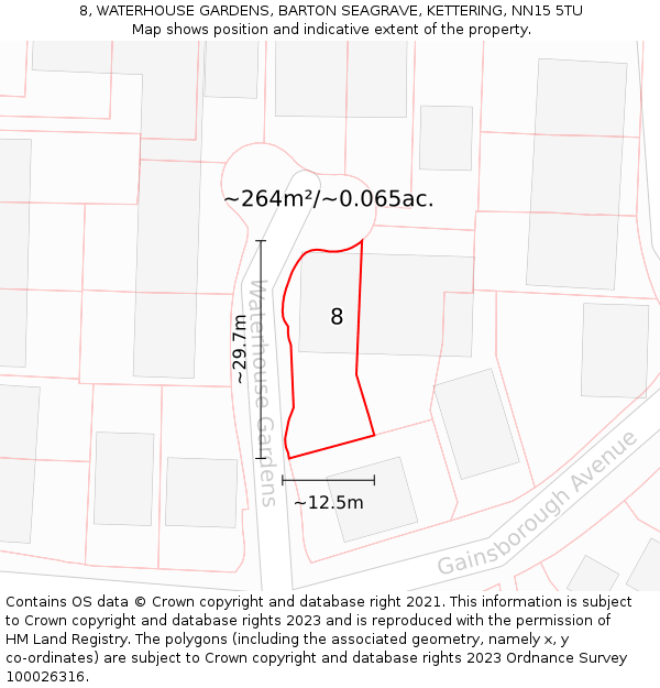 8, WATERHOUSE GARDENS, BARTON SEAGRAVE, KETTERING, NN15 5TU: Plot and title map