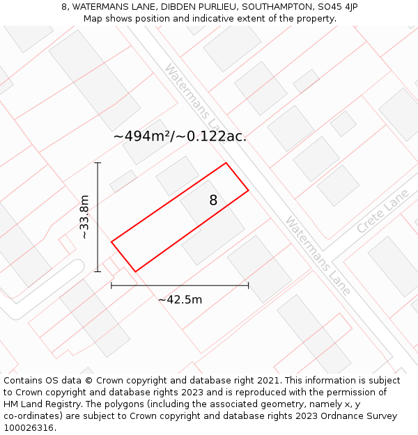 8, WATERMANS LANE, DIBDEN PURLIEU, SOUTHAMPTON, SO45 4JP: Plot and title map