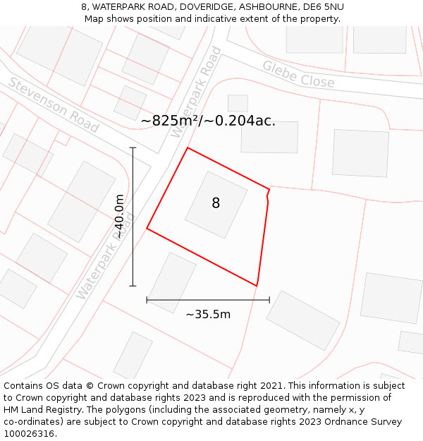 8, WATERPARK ROAD, DOVERIDGE, ASHBOURNE, DE6 5NU: Plot and title map