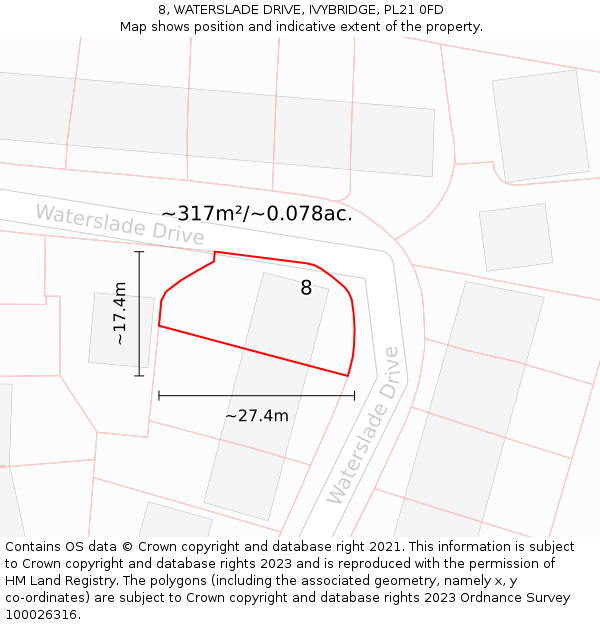 8, WATERSLADE DRIVE, IVYBRIDGE, PL21 0FD: Plot and title map