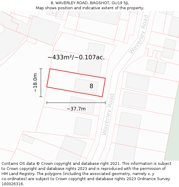 8, WAVERLEY ROAD, BAGSHOT, GU19 5JL: Plot and title map