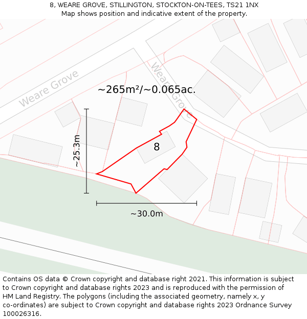 8, WEARE GROVE, STILLINGTON, STOCKTON-ON-TEES, TS21 1NX: Plot and title map