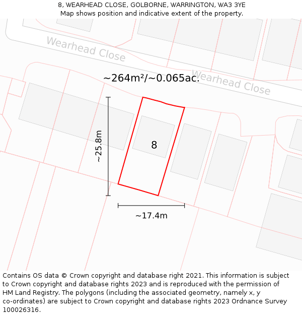 8, WEARHEAD CLOSE, GOLBORNE, WARRINGTON, WA3 3YE: Plot and title map