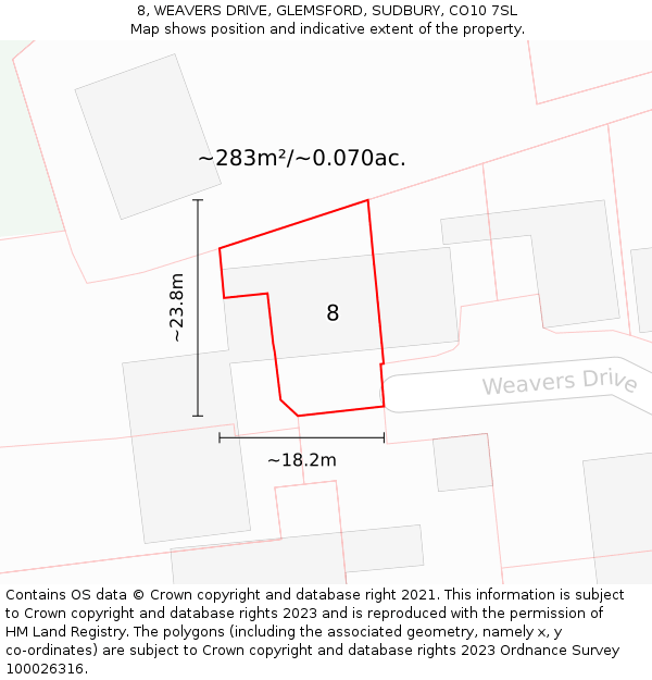 8, WEAVERS DRIVE, GLEMSFORD, SUDBURY, CO10 7SL: Plot and title map