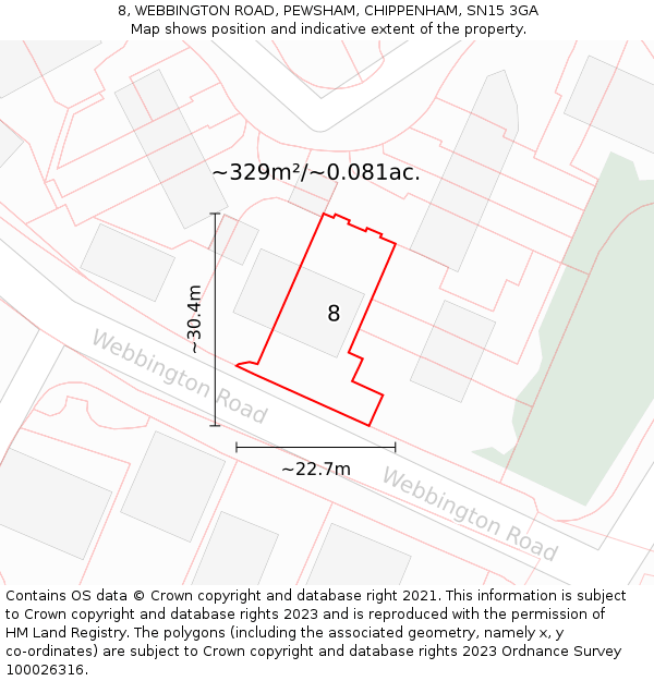 8, WEBBINGTON ROAD, PEWSHAM, CHIPPENHAM, SN15 3GA: Plot and title map