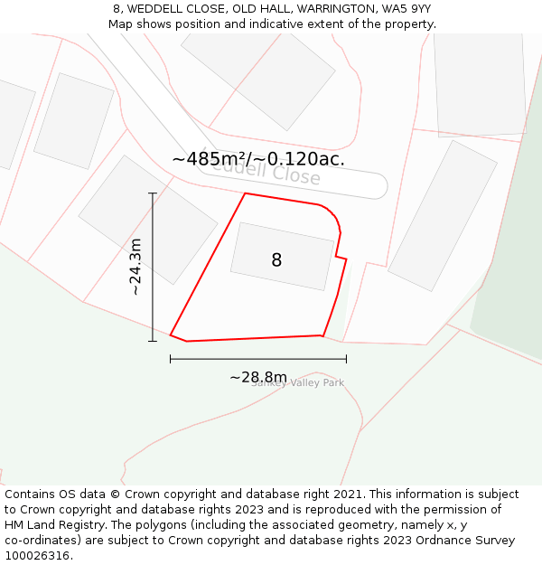 8, WEDDELL CLOSE, OLD HALL, WARRINGTON, WA5 9YY: Plot and title map