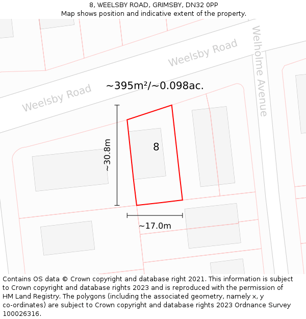 8, WEELSBY ROAD, GRIMSBY, DN32 0PP: Plot and title map