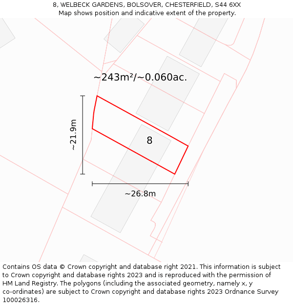 8, WELBECK GARDENS, BOLSOVER, CHESTERFIELD, S44 6XX: Plot and title map