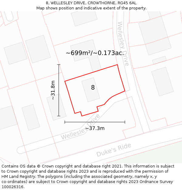 8, WELLESLEY DRIVE, CROWTHORNE, RG45 6AL: Plot and title map