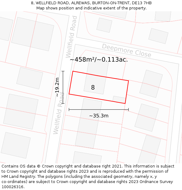 8, WELLFIELD ROAD, ALREWAS, BURTON-ON-TRENT, DE13 7HB: Plot and title map