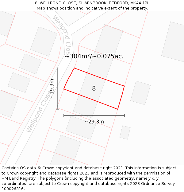 8, WELLPOND CLOSE, SHARNBROOK, BEDFORD, MK44 1PL: Plot and title map