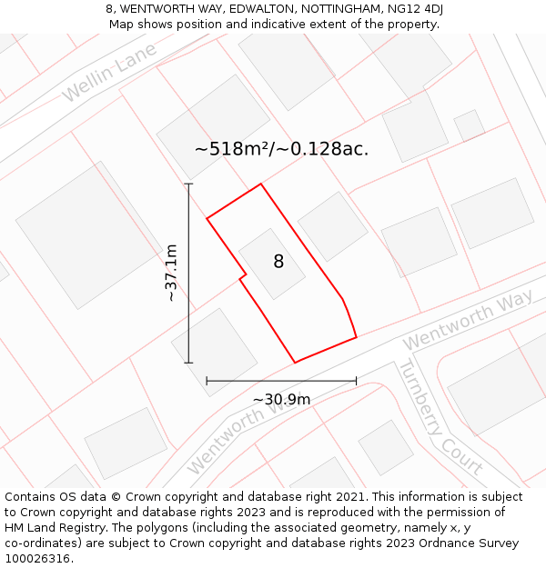 8, WENTWORTH WAY, EDWALTON, NOTTINGHAM, NG12 4DJ: Plot and title map