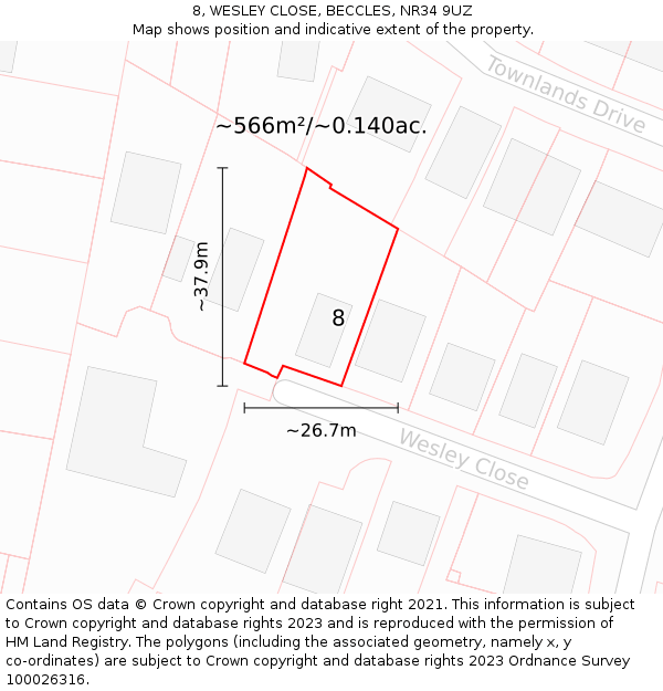 8, WESLEY CLOSE, BECCLES, NR34 9UZ: Plot and title map