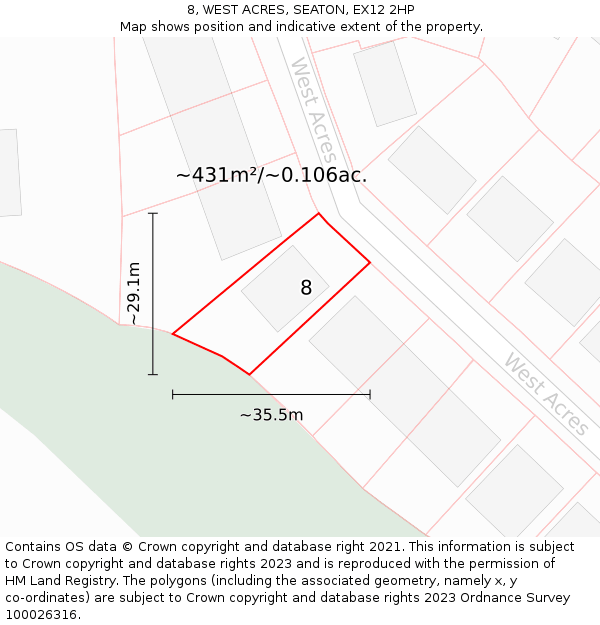 8, WEST ACRES, SEATON, EX12 2HP: Plot and title map