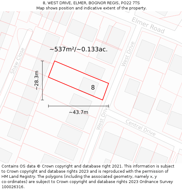 8, WEST DRIVE, ELMER, BOGNOR REGIS, PO22 7TS: Plot and title map