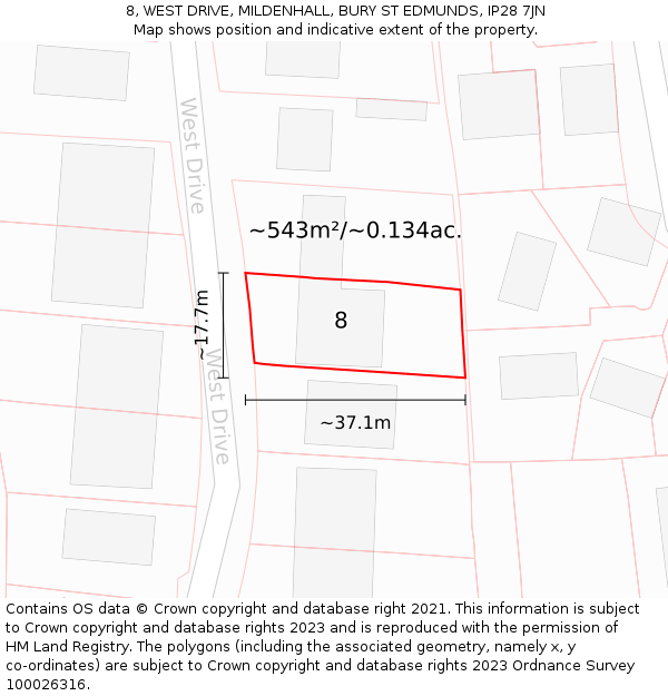 8, WEST DRIVE, MILDENHALL, BURY ST EDMUNDS, IP28 7JN: Plot and title map