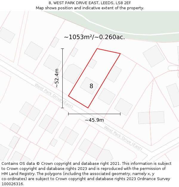8, WEST PARK DRIVE EAST, LEEDS, LS8 2EF: Plot and title map