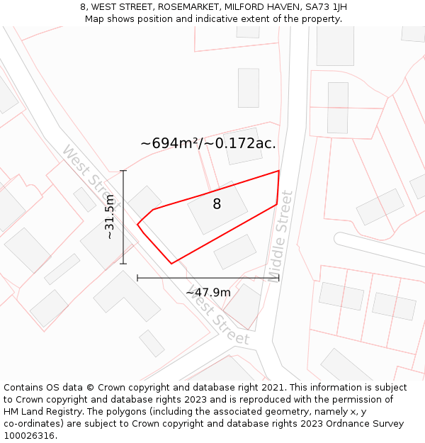 8, WEST STREET, ROSEMARKET, MILFORD HAVEN, SA73 1JH: Plot and title map