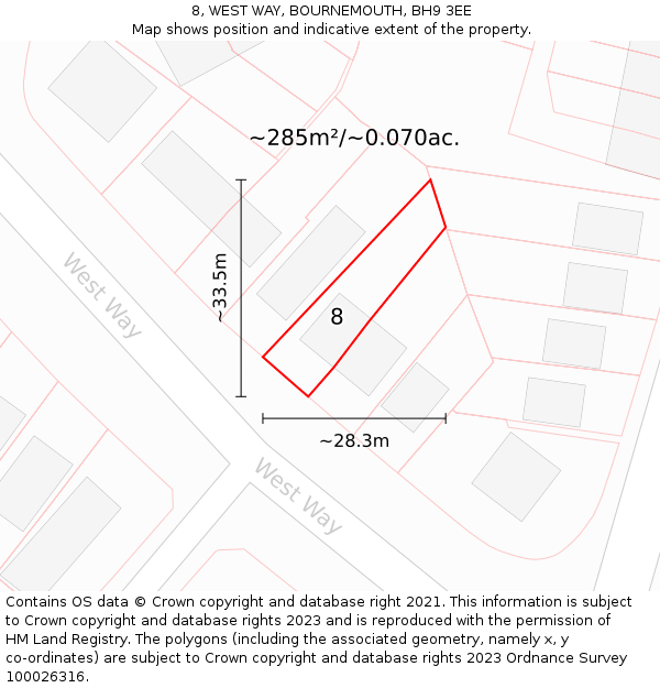 8, WEST WAY, BOURNEMOUTH, BH9 3EE: Plot and title map