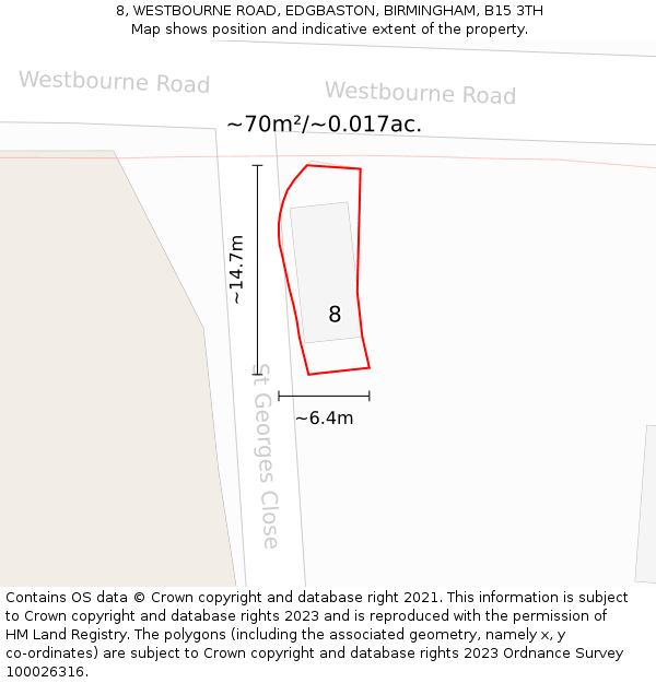 8, WESTBOURNE ROAD, EDGBASTON, BIRMINGHAM, B15 3TH: Plot and title map