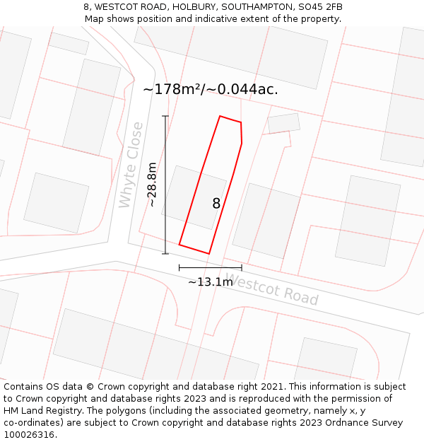 8, WESTCOT ROAD, HOLBURY, SOUTHAMPTON, SO45 2FB: Plot and title map