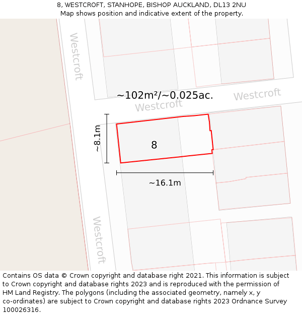 8, WESTCROFT, STANHOPE, BISHOP AUCKLAND, DL13 2NU: Plot and title map