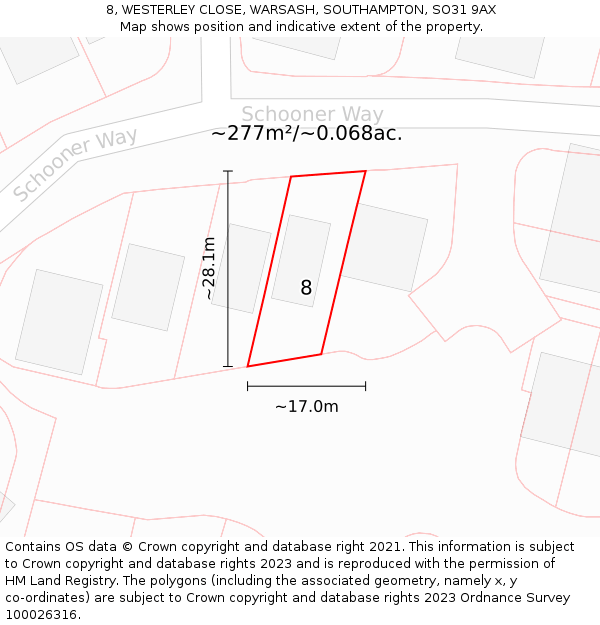 8, WESTERLEY CLOSE, WARSASH, SOUTHAMPTON, SO31 9AX: Plot and title map