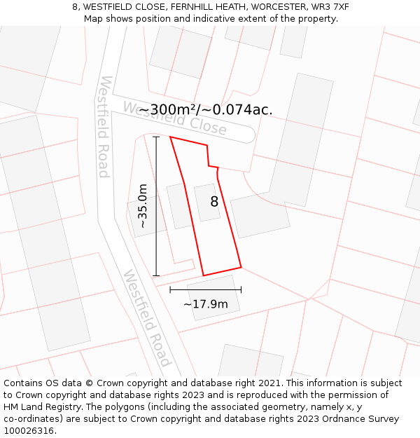 8, WESTFIELD CLOSE, FERNHILL HEATH, WORCESTER, WR3 7XF: Plot and title map