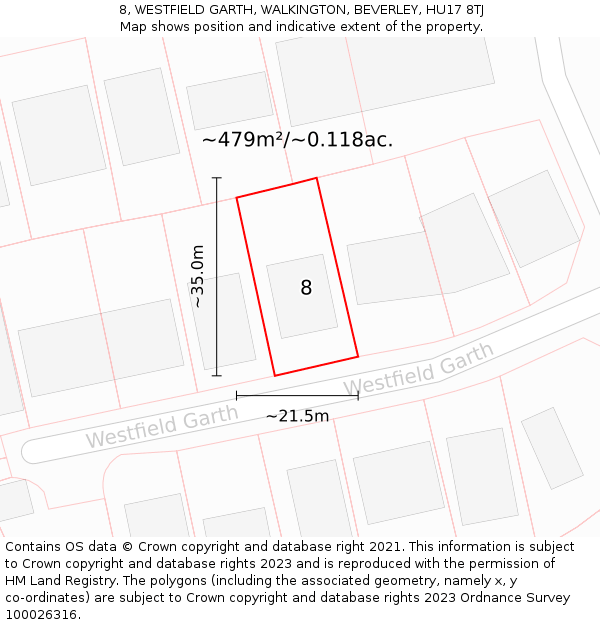 8, WESTFIELD GARTH, WALKINGTON, BEVERLEY, HU17 8TJ: Plot and title map