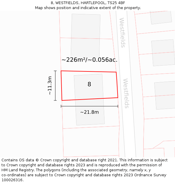 8, WESTFIELDS, HARTLEPOOL, TS25 4BF: Plot and title map