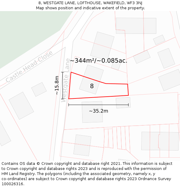 8, WESTGATE LANE, LOFTHOUSE, WAKEFIELD, WF3 3NJ: Plot and title map