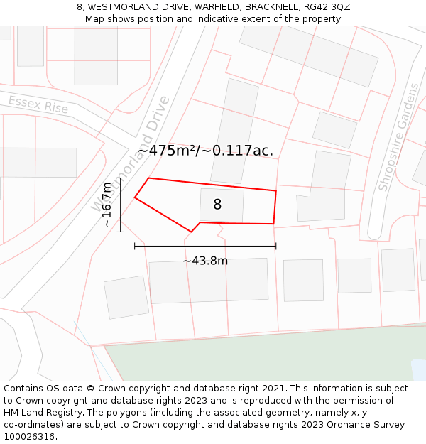 8, WESTMORLAND DRIVE, WARFIELD, BRACKNELL, RG42 3QZ: Plot and title map