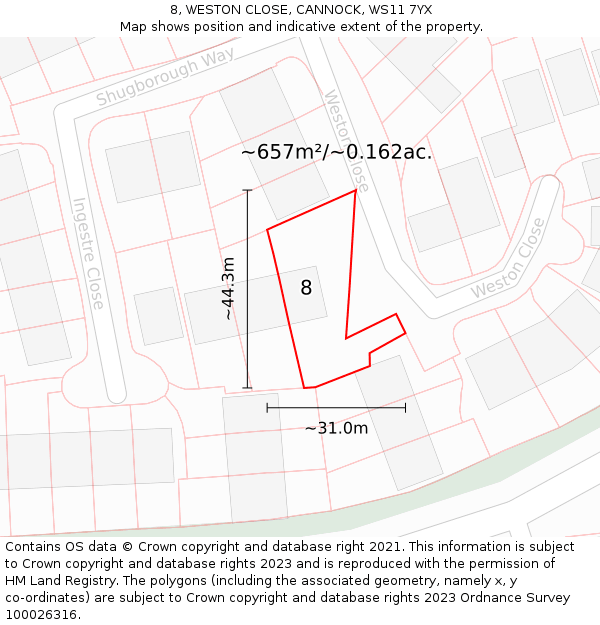 8, WESTON CLOSE, CANNOCK, WS11 7YX: Plot and title map