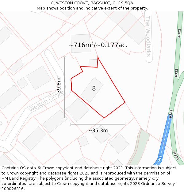 8, WESTON GROVE, BAGSHOT, GU19 5QA: Plot and title map