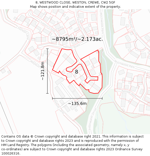 8, WESTWOOD CLOSE, WESTON, CREWE, CW2 5GF: Plot and title map