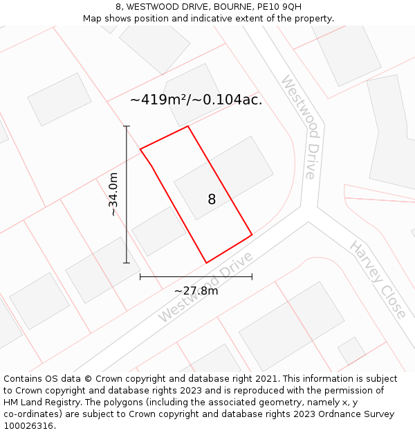 8, WESTWOOD DRIVE, BOURNE, PE10 9QH: Plot and title map