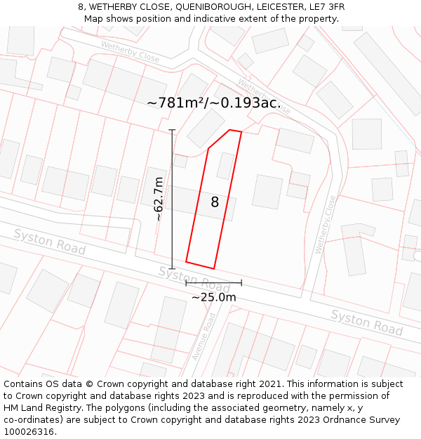 8, WETHERBY CLOSE, QUENIBOROUGH, LEICESTER, LE7 3FR: Plot and title map